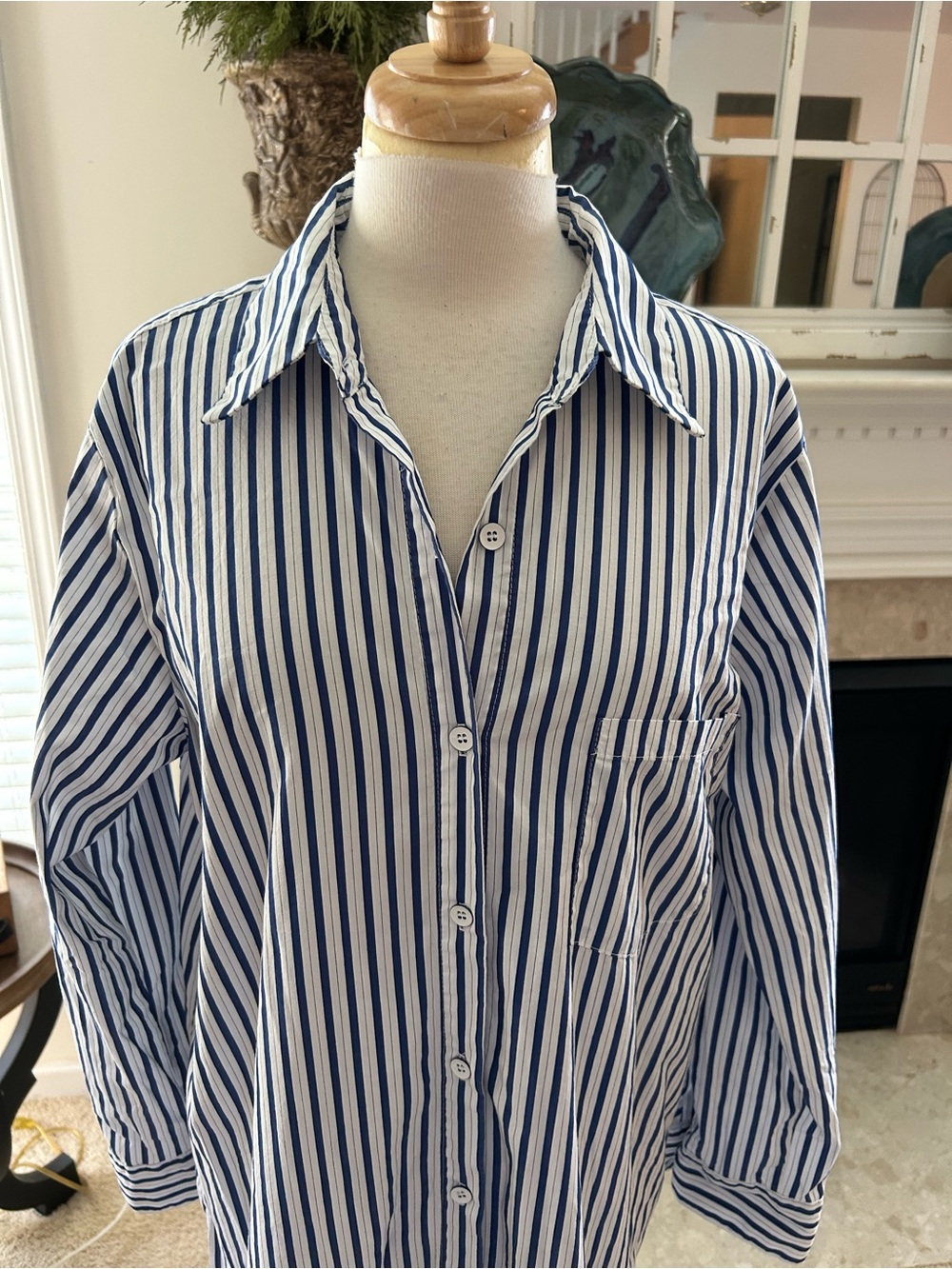 Karen Kane Navy and White Striped Button-Front Shirt Dress - Picture 2 of 8